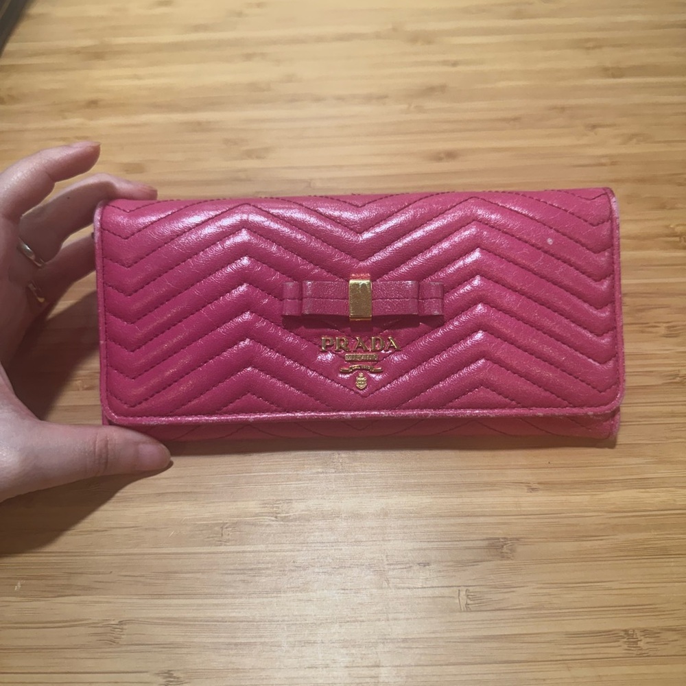 Authentic Pink Quilted Prada Bow Continental Double Snap Wallet w Gold Hardware